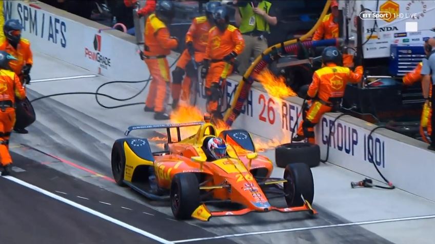 Indycar on fire Indy 500 2018