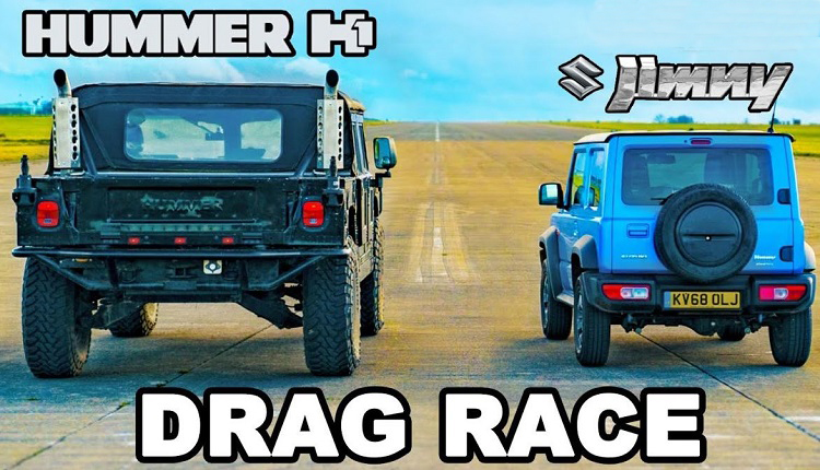 Hummer H1 en Suzuki Jimny houden een dragrace