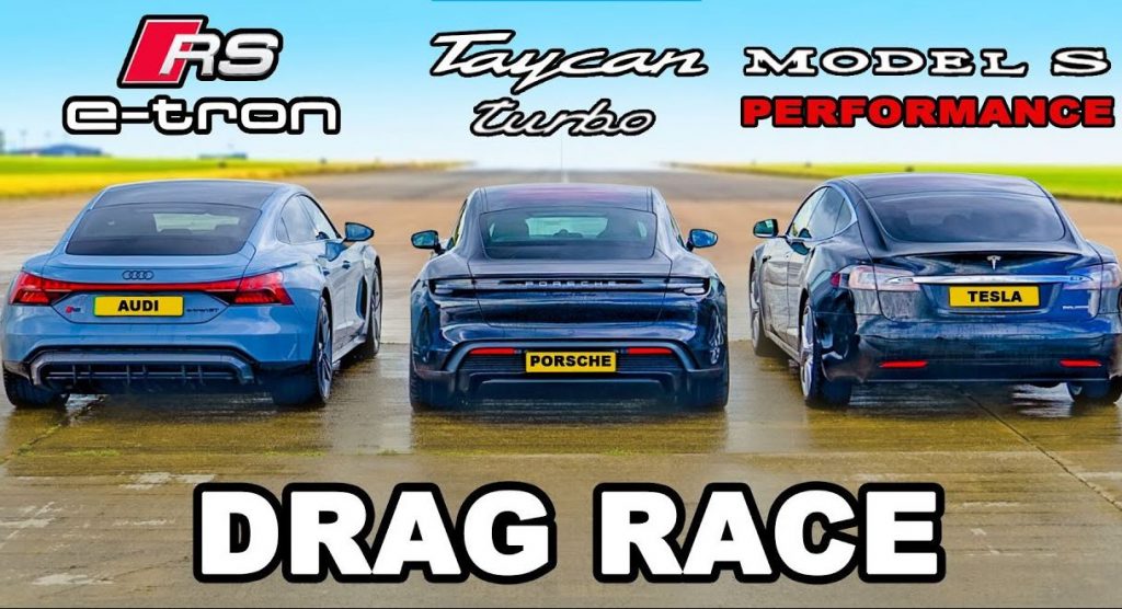 Porsche Taycan Turbo en Audi RS E-Tron GT vs Tesla Model S Performance