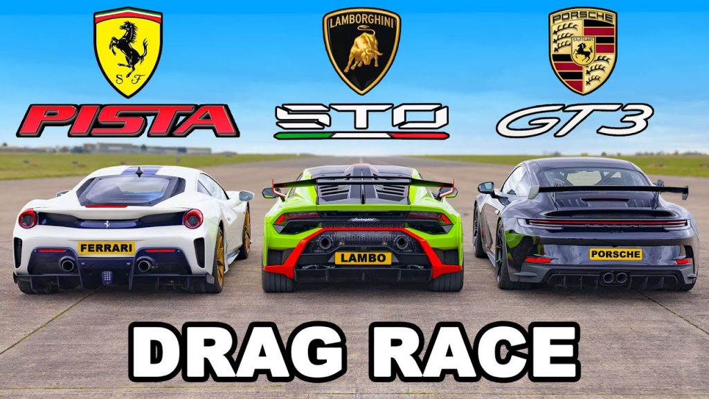 Dragrace Lamborghini Huracan STO, Ferrari Pista 488 en Porsche 911 GT3