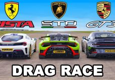 Dragrace Lamborghini Huracan STO, Ferrari Pista 488 en Porsche 911 GT3
