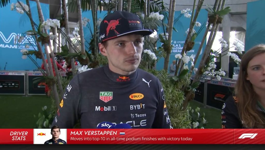 Max Verstappen reageert op winst Miami Grand Prix