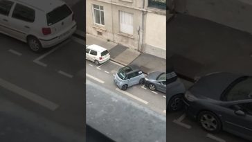 Vrouw heeft heel veel moeite met fileparkeren in een Citroën Ami