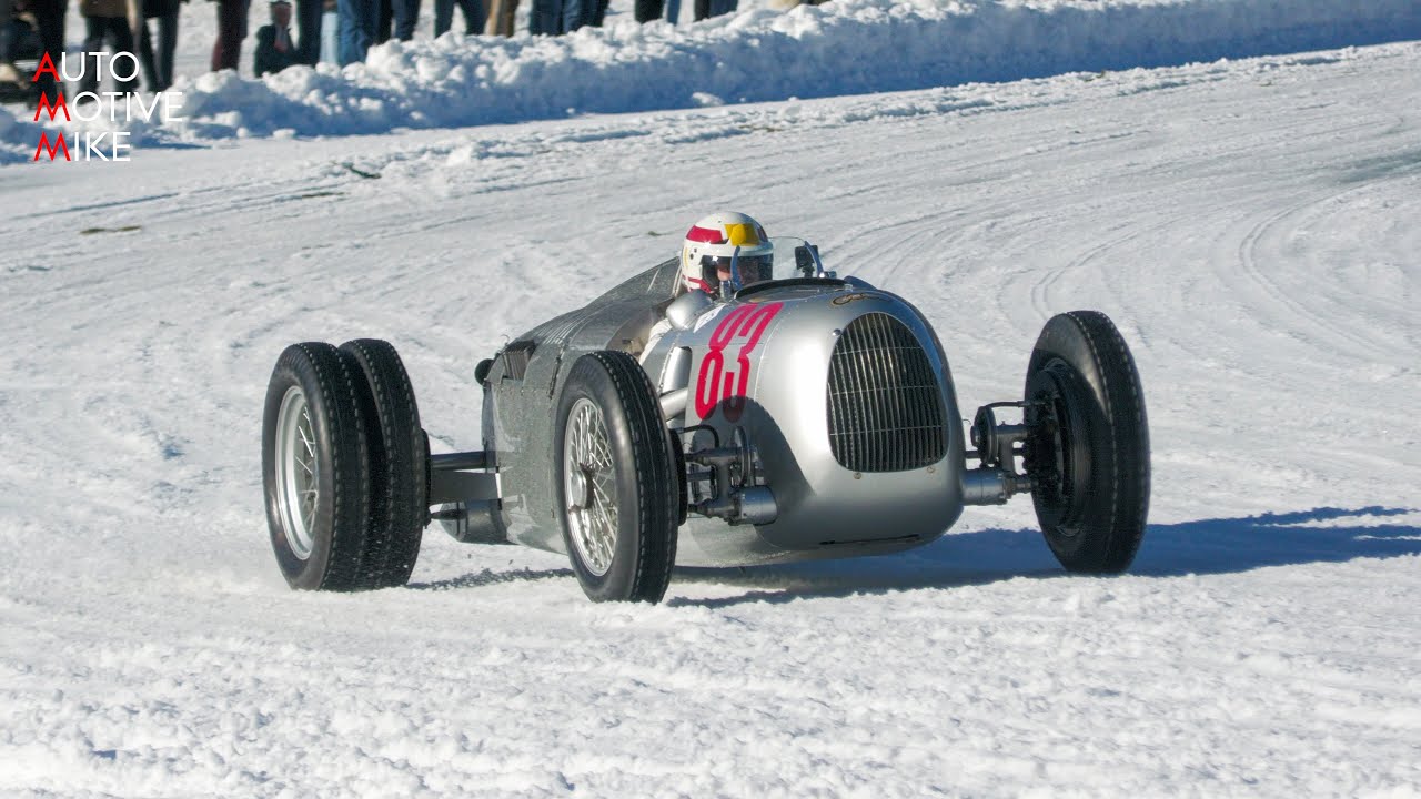 1936 Auto Union Type C laat zijn 6.0-liter V16 brullen in St. Moritz